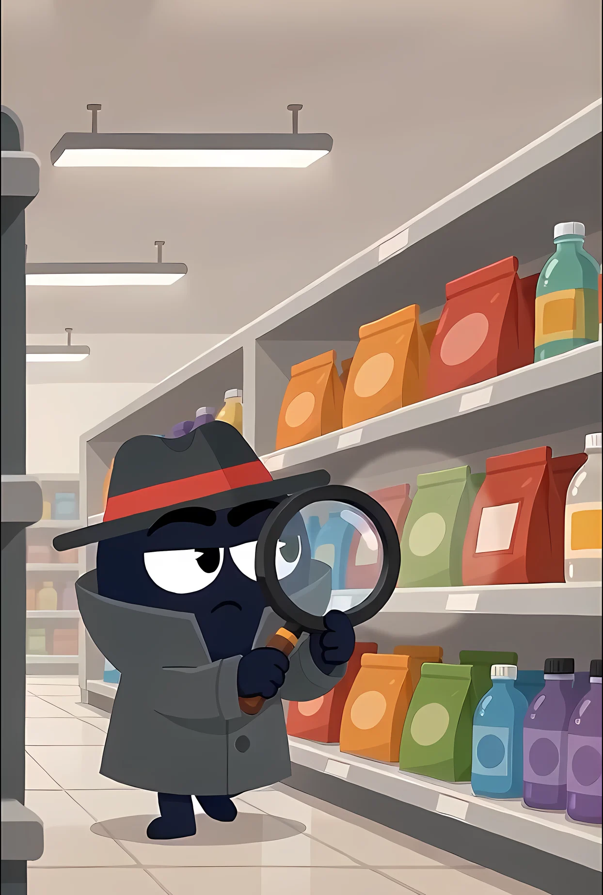 O agente Fedora investigando ofertas com uma lupa